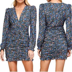 KOKO + MASON Blue Pink Floral Ruched Long Ruffle Trim Sleeves Mini Dress NWT XS